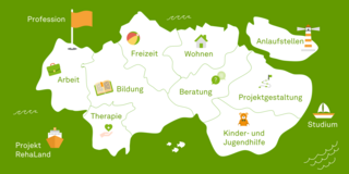 Weiße Landkarte auf grünem Hintergrund, die verschiedene Berufsfelder der Rehabiliationspädagogik zeigt