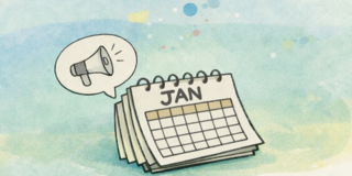 Illustration einer Terminerinnerung: Ein Kalender, der auf der Seite Januar aufgeeschlagen ist, darüber eine Sprechblase mit einer Abbildung eines Lautsprechers